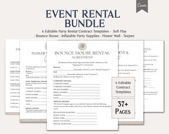 Event Rental Bundle, 6 Editable Party Rental Contract Templates, Bounce House, Inflatable, Flower Wall & Teepee, Instant Download, Canva ,