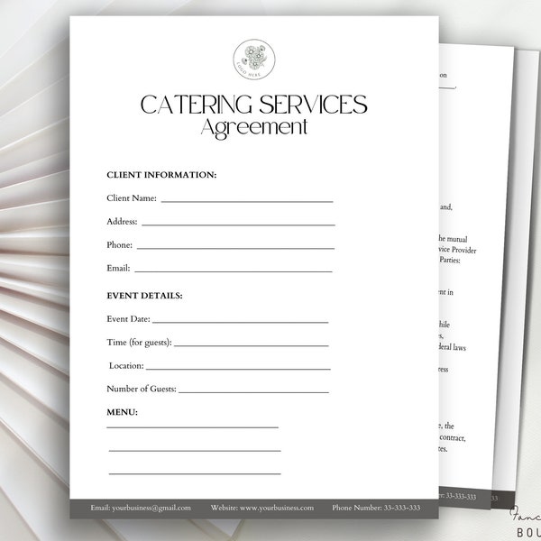 Catering Contract Template ,Food Service Provider agreement, Catering Services Editable Contract Agreement, Catering Services Agreement