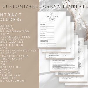 K&ouml;nnte beinhalten: Ein Stapel wei&szlig;er Papiervorlagen mit dem Text "Home Daycare Contract" und "Customizable Canva Template". Der Vertrag enth&auml;lt Abschnitte f&uuml;r Kundeninformationen, Verantwortlichkeiten und Vertragsbedingungen.