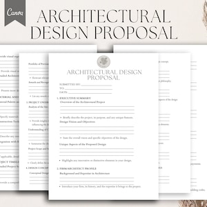 May include: A printable architectural design proposal template with sections for an executive summary, design vision and objectives, unique aspects of the proposed design, firm/architect profile, and background and expertise in architecture.