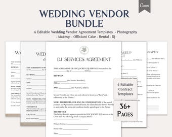 Wedding Vendor Bundle, 6 Editable Wedding Vendor Agreement Templates, Makeup, Officiant, Cake, Rental & DJ, Instant Download, Canva