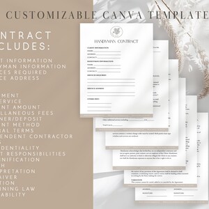 K&ouml;nnte beinhalten: Eine anpassbare Canva-Vorlage f&uuml;r einen Handwerkervertrag. Der Vertrag umfasst Abschnitte f&uuml;r Kundeninformationen, Handwerkerinformationen, ben&ouml;tigte Dienstleistungen, Dienstleistungsadresse, Vereinbarung, Zahlung, sonstige Geb&uuml;hren, Anzahlung/Kaution, Zahlungsweise, allgemeine Bedingungen, Status des unabh&auml;ngigen Auftragnehmers, Vertraulichkeit, Kundenverantwortung, Schadensersatz, Vertragsbruch, Auslegung, Verzicht, &Auml;nderung, anwendbares Recht und Salvatorische Klausel.