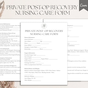Formulario de enfermería para la recuperación postoperatoria, plantilla editable de cuidados postoperatorios, formulario comercial para enfermeras privadas, descarga instantánea en PDF, Canva