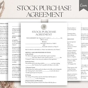 May include: A black and white legal document titled "Stock Purchase Agreement". The document outlines the terms of a stock purchase agreement between a seller and a buyer. The document includes sections for representations and warranties, closing, and payment terms.