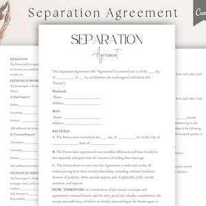 Op de afbeelding: Een juridisch document met de titel "Scheidingsconvenant" in zwart-wit. Het document bevat secties voor "Verdeling van eigendommen", "Verdeling van schulden", "Bezoekrecht", "Kinderalimentatie", "Ziektekostenverzekering", "Belastingsvrijstellingen" en "Andere overeenkomsten".