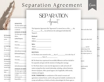 Editable Separation agreement template, Divorce Settlement Agreement, Marital Settlement Agreement, Legal Separation Form, Pdf,Canva