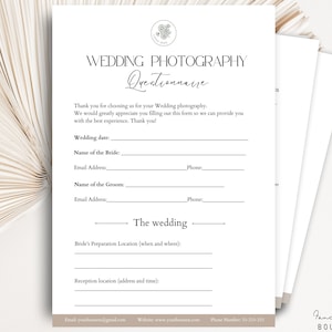 Wedding Photography Questionnaire Template, Photographer Forms, Photography Prep Guide, Pre-Wedding Consultation Client Questionnaire Canva