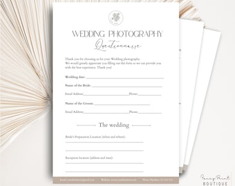 Wedding Photography Questionnaire Template, Photographer Forms, Photography Prep Guide, Pre-Wedding Consultation Client Questionnaire Canva
