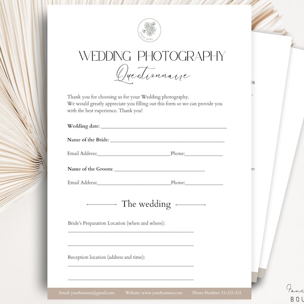 Wedding Photography Questionnaire Template, Photographer Forms, Photography Prep Guide, Pre-Wedding Consultation Client Questionnaire Canva