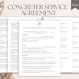 Puede incluir: Un conjunto de documentos impresos del Contrato de Servicio de Hormigonado. Los documentos tienen un diseño limpio y minimalista con texto negro sobre fondo blanco. El logotipo de Canva es visible en la esquina superior derecha.