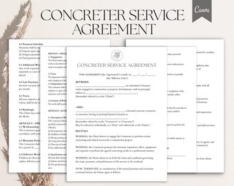 Modèle de contrat de service de bétonnage, Contrat d'entrepreneur en béton, Contrat de services de bétonnage, Services de construction, DOCX, PDF, CANVA