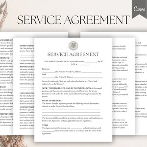 Editable Service Agreement, Service Terms and Conditions ,Service Contract, Professional Service Agreement Template, Pdf,Canva