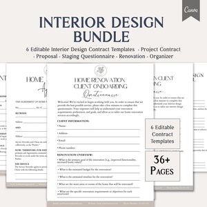 May include: A bundle of interior design templates, including contracts, proposals, and questionnaires. The documents are printed on white paper with black text. The bundle includes 6 editable contract templates and over 36 pages.