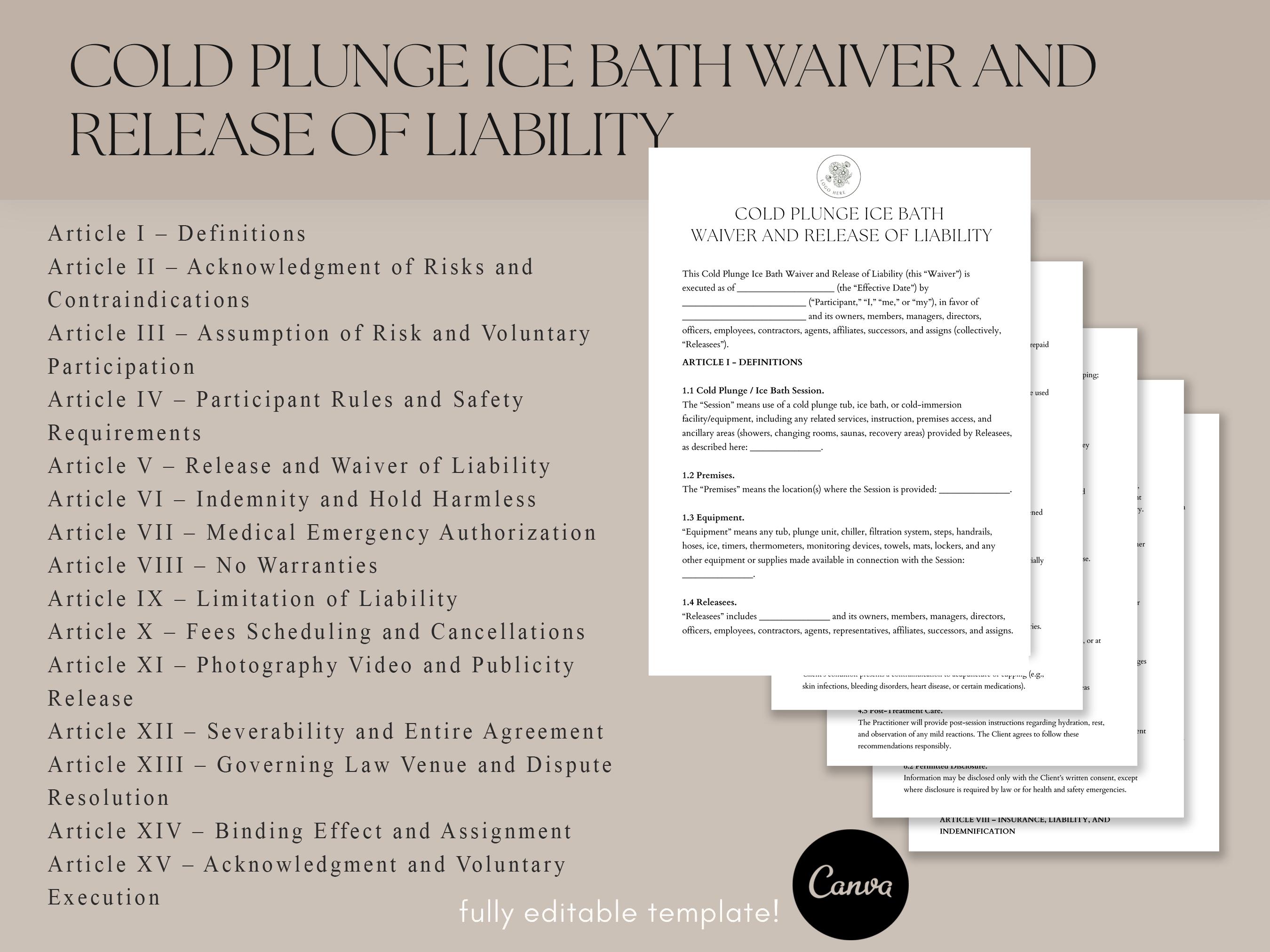 Cold Plunge Ice Bath Waiver, Ice Bath Liability Release Form, Cold ...