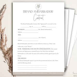 Brand Ambassador Agreement, Brand Ambassador Business Contract Template , Social Media Influencer Contract form, Influencer Agreement, Canva