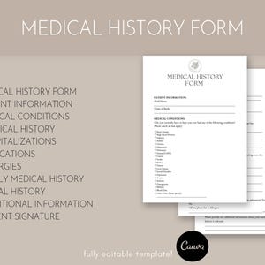 Puede incluir: Una plantilla de formulario de historial m&eacute;dico imprimible con el t&iacute;tulo "Formulario de historial m&eacute;dico". El formulario incluye secciones para la informaci&oacute;n del paciente, las condiciones m&eacute;dicas, el historial quir&uacute;rgico, las hospitalizaciones, los medicamentos, las alergias, el historial m&eacute;dico familiar, el historial social, la informaci&oacute;n adicional y la firma del paciente.