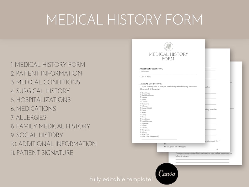 Puede incluir: Una plantilla de formulario de historial m&eacute;dico imprimible con el t&iacute;tulo "Formulario de historial m&eacute;dico". El formulario incluye secciones para la informaci&oacute;n del paciente, las condiciones m&eacute;dicas, el historial quir&uacute;rgico, las hospitalizaciones, los medicamentos, las alergias, el historial m&eacute;dico familiar, el historial social, la informaci&oacute;n adicional y la firma del paciente.