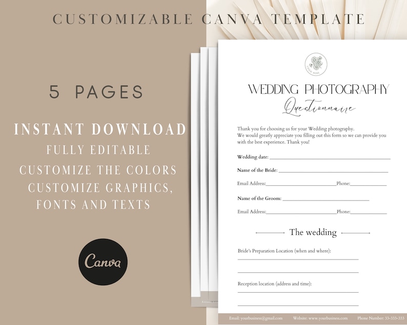 Wedding Photography Questionnaire Template, Photographer Forms