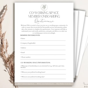May include: A white co-working space member onboarding questionnaire with the title "CO-WORKING SPACE MEMBER ONBOARDING Questionnaire". The questionnaire includes sections for member and co-working space information.
