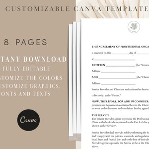 May include: A customizable Canva template for a professional organizer service agreement. The template is fully editable and includes 8 pages. The text on the template reads "This Agreement of Professional Organizer Service is executed on this ____ day of ____, 202X. Between ____ (the "Service Provider") Address: ____ and ____ (the "Client") Address: ____. Service Provider and Client are each referred to herein as a "Party" and, collectively, as the "Parties."