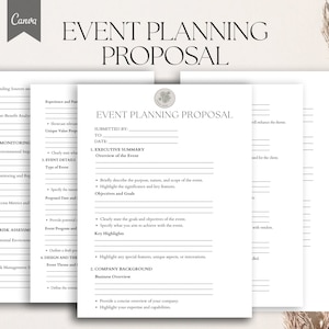 Könnte beinhalten: Eine schwarz-weiße druckbare Event-Planungsvorlage mit dem Titel "Event-Planungsvorschlag" in fetter, schwarzer Schrift. Die Vorlage enthält Abschnitte für Finanzierungsquellen, Erfahrung, Überwachung, Risikobewertung, Design und Thema, Executive Summary, Unternehmens Hintergrund und mehr.