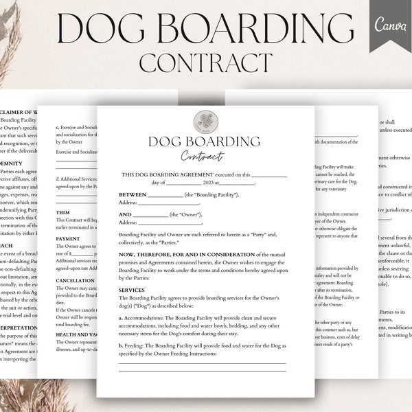 Dog Boarding Contract Template, Editable Dog Boarding Forms, Dog Boarding Service Agreement, Dog Boarding Service Contract Pdf,Canva