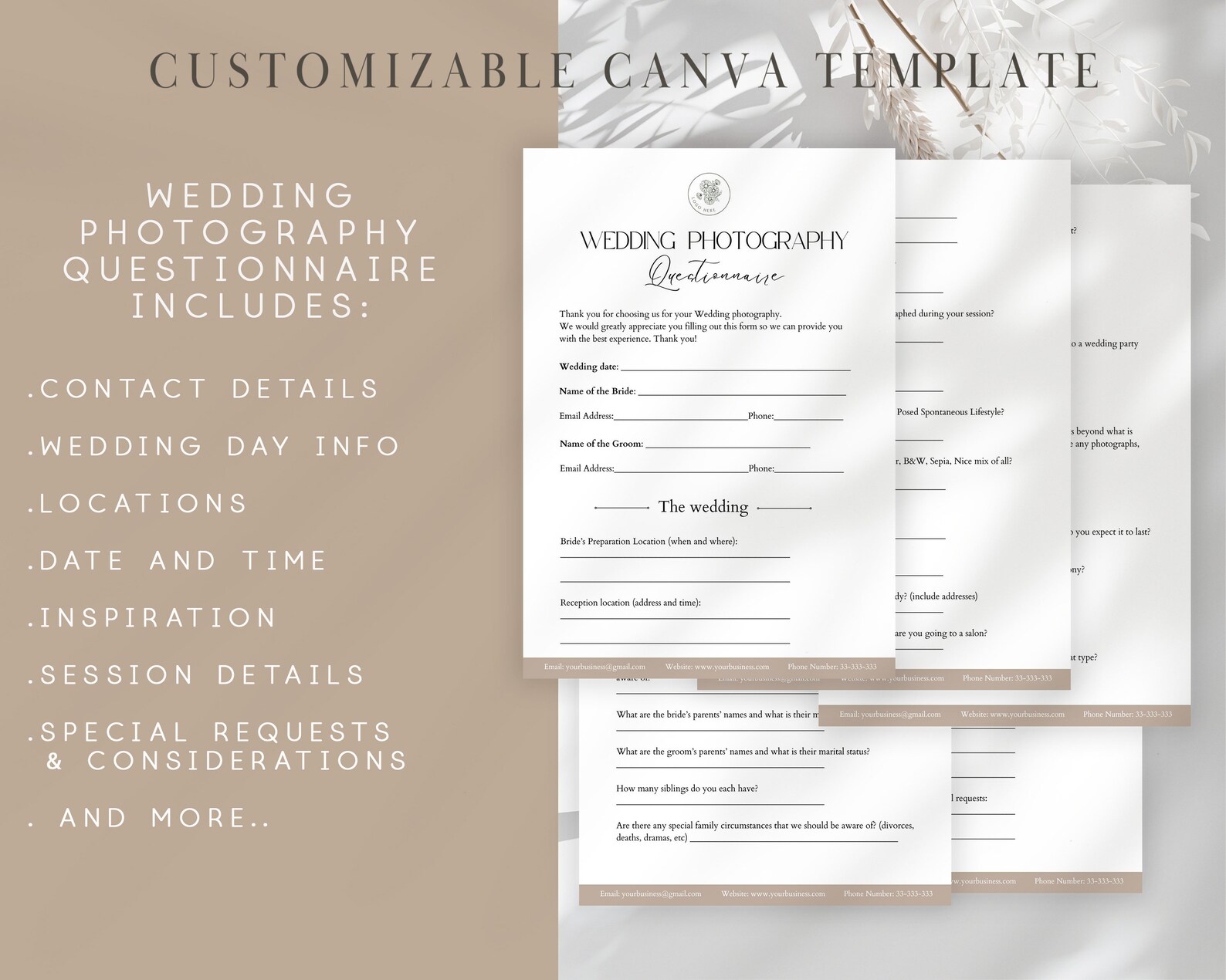 Wedding Photography Questionnaire Template, Photographer Forms, Photography Prep Guide, Pre