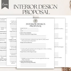May include: A black and white interior design proposal template with the title "Interior Design Proposal" at the top. The template includes sections for an executive summary, project scope, designer/firm profile, and more.