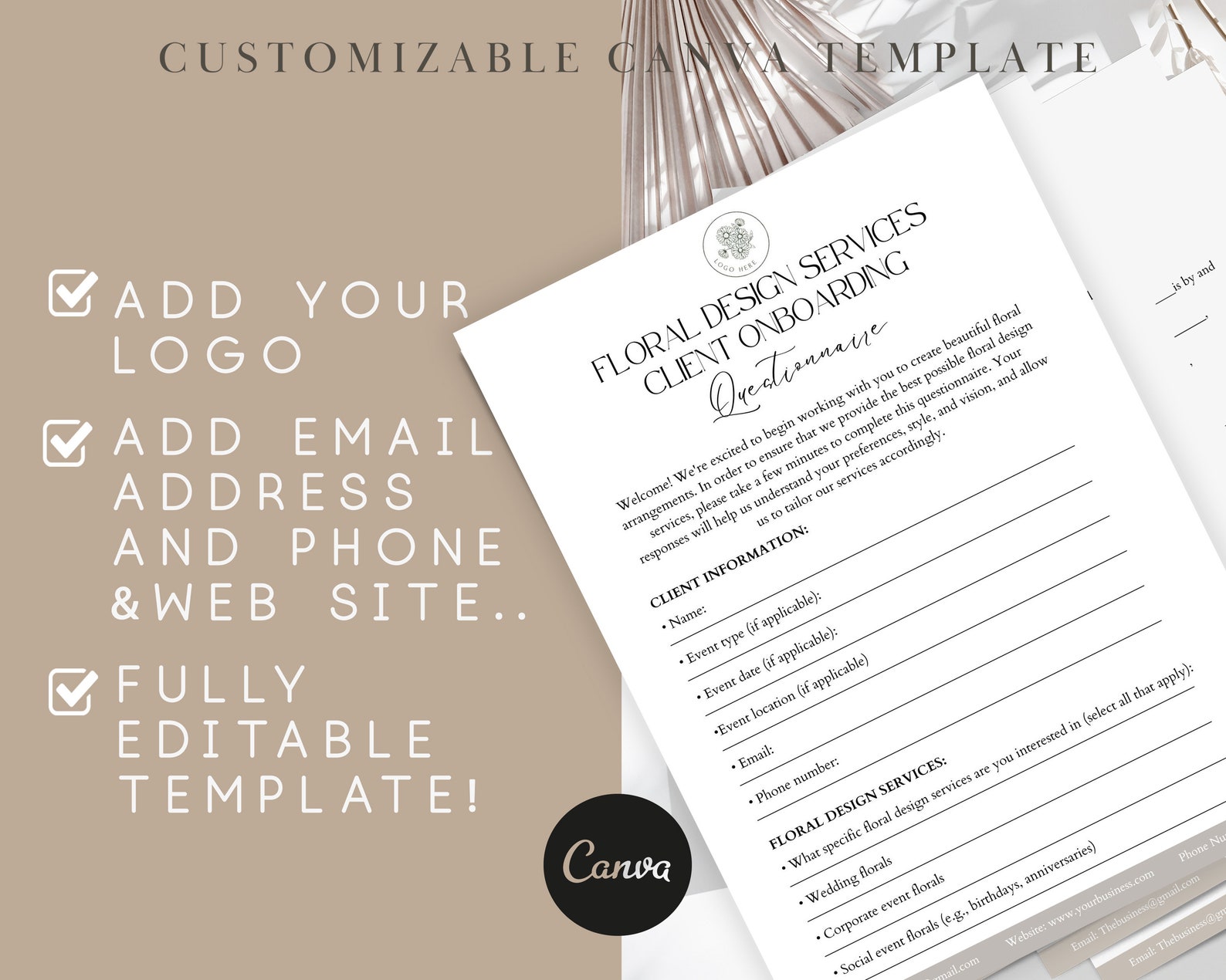 Editable Floral Design Services Client Onboarding Questionnaire Form, Floral Design