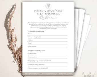 May include: A black and white property management client onboarding questionnaire with a floral design in the top corner. The questionnaire asks for client information, including name, company, address, email, and phone number. It also asks for property information, including property name, address, type, number of units, and current occupancy rate.