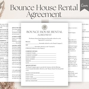 May include: A legal document titled "Bounce House Rental Agreement" with sections for rental fees, payment schedule, delivery setup, safety rules, and rental details. The document is printed on white paper with a brown background.