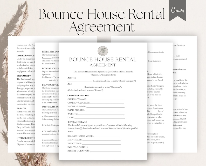 May include: A legal document titled "Bounce House Rental Agreement" with sections for rental fees, payment schedule, delivery setup, safety rules, and rental details. The document is printed on white paper with a brown background.