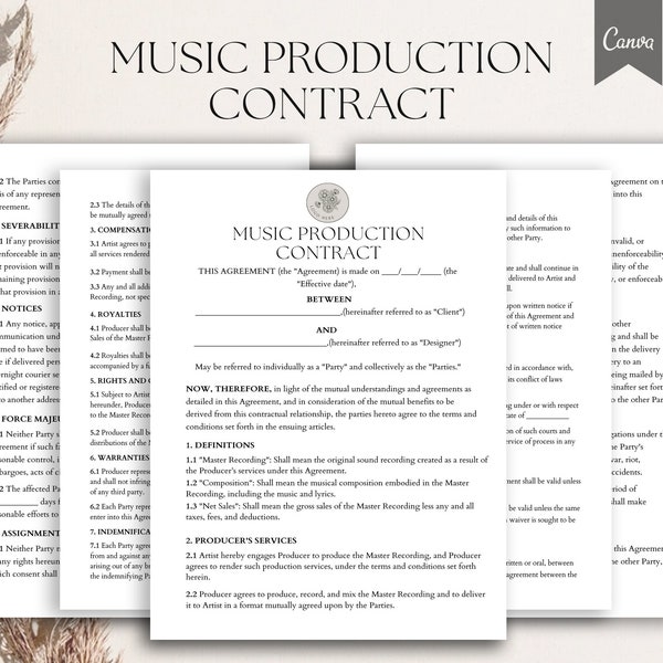 Music Production Agreement, Music Producer Contract Template, Music Producer Form ,Music Producer Agreement ,PDF Canva