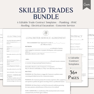 May include: A bundle of six editable trade contract templates for skilled trades, including plumbing, HVAC, roofing, electrical excavation, and concrete service. The documents are displayed on a white background with the text "Skilled Trades Bundle".