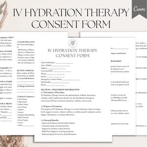 Puede incluir: Un formulario de consentimiento para la terapia de hidrataci&oacute;n intravenosa, con secciones para la informaci&oacute;n del cliente, historial m&eacute;dico y detalles del tratamiento. El documento incluye campos de texto y casillas de verificaci&oacute;n, con el t&iacute;tulo "IV HYDRATION THERAPY CONSENT FORM". El logotipo de Canva es visible.
