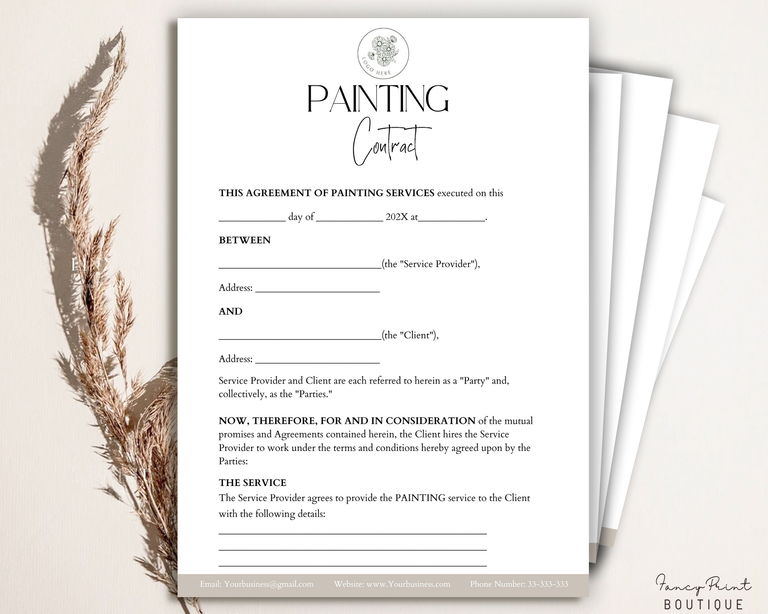 Professional Painting Contract, Editable Painting Contractor Agreement, Residential Painting