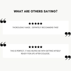 Puede incluir: Dos rese&ntilde;as de clientes con cinco estrellas. La primera rese&ntilde;a dice "Hecho a conciencia. &iexcl;Definitivamente lo recomiendo!" La segunda rese&ntilde;a dice "Esto es perfecto. Me ha ayudado a prepararme para la vida despu&eacute;s de la universidad."