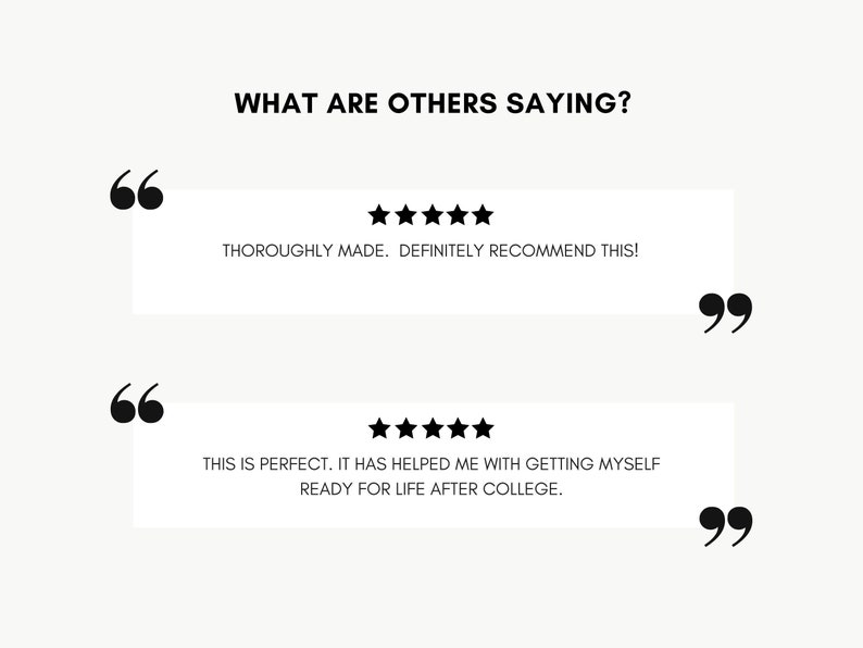 Puede incluir: Dos rese&ntilde;as de clientes con cinco estrellas. La primera rese&ntilde;a dice "Hecho a conciencia. &iexcl;Definitivamente lo recomiendo!" La segunda rese&ntilde;a dice "Esto es perfecto. Me ha ayudado a prepararme para la vida despu&eacute;s de la universidad."
