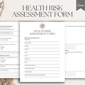 Puede incluir: Un formulario de evaluación de riesgos para la salud imprimible con secciones para información sobre el estilo de vida, información personal y antecedentes familiares. El formulario incluye preguntas sobre fumar, consumo de alcohol, hábitos de sueño, actividad física y antecedentes médicos.