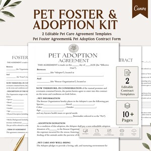 Puede incluir: Un kit digital de acogida y adopción de mascotas con dos plantillas de contrato editables. Los documentos incluyen un acuerdo de adopción y un acuerdo de acogida con líneas en blanco, impresos en texto negro sobre hojas de papel blanco.