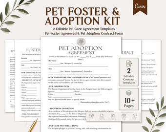 Pet Foster Adoption Kit, 2 Editable Pet Care Agreement Templates, Foster Agreement, Pet Adoption Contract Form