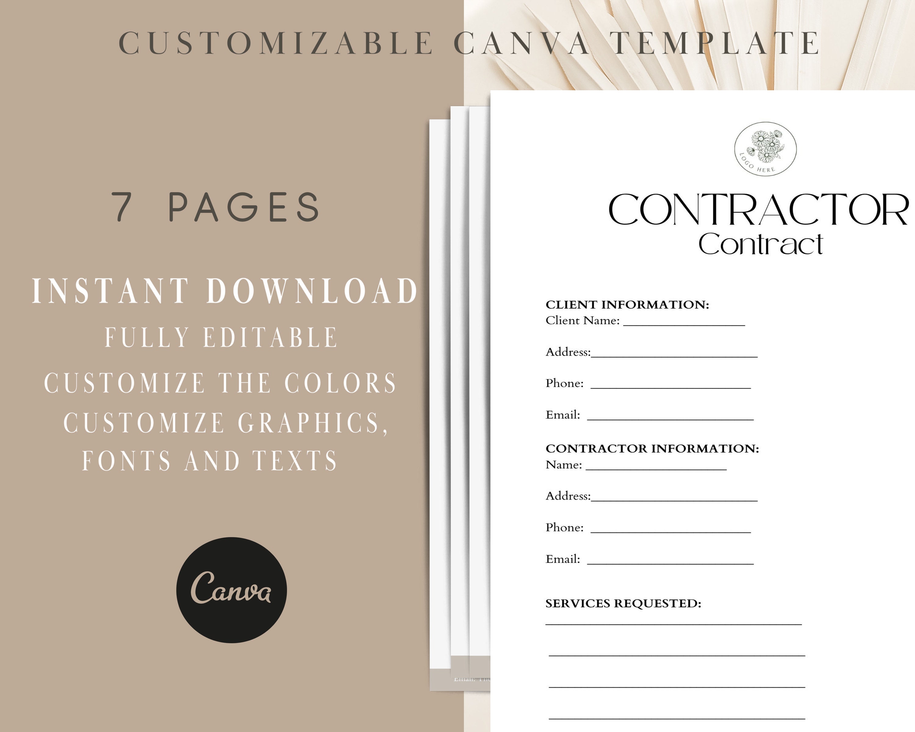 Contractor Contract Template, Freelance Contractor Form , Editable ...