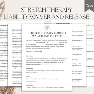 May include: A stack of white paper documents with the text "STRETCH THERAPY LIABILITY WAIVER AND RELEASE" in black. The documents include sections on definitions, services, and releases. The Canva logo is in the upper right corner.