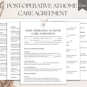 Puede incluir: Varios documentos en blanco con el título "POST-OPERATIVE AT-HOME CARE AGREEMENT" en fuente serif. El acuerdo cubre los servicios de atención postoperatoria, incluidas las responsabilidades del paciente y del proveedor.