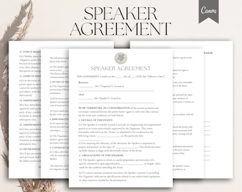 Acuerdo de orador, Formularios editables para oradores públicos, Orador motivacional, Organizador de fiestas, Planificador de eventos, Formulario en PDF, Canva