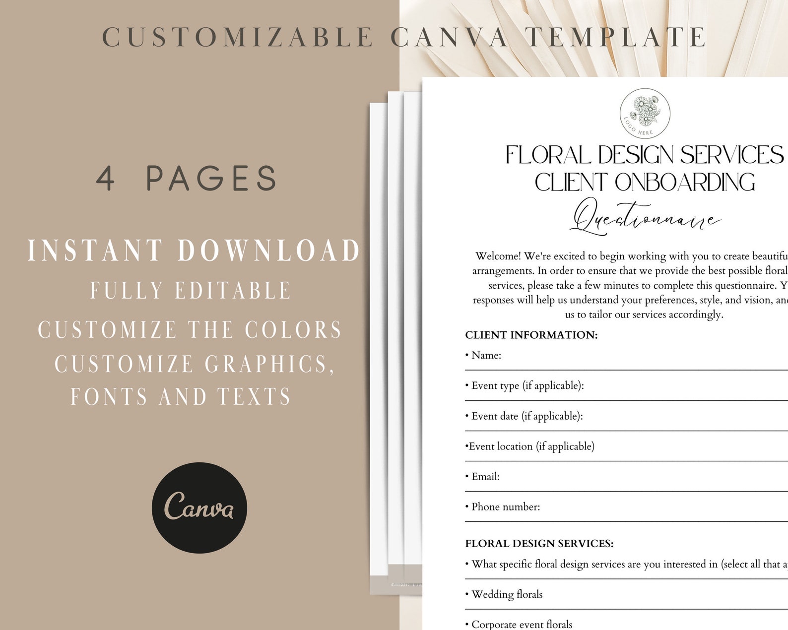 Editable Floral Design Services Client Onboarding Questionnaire Form, Floral Design