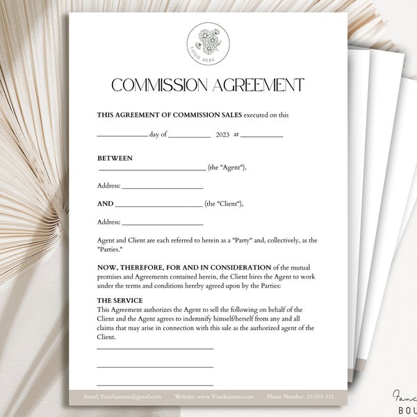 Editable Commission Sales Agreement, Commission Contract, Sales Employee Agreement ,Bonus Contract, Commission Agreement forms, Canva