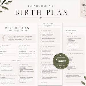 Op de afbeelding: Een bewerkbaar geboorteplan-sjabloon bestaande uit drie witte pagina's met zwarte tekst, ingedeeld in secties voor basisgegevens, gezondheidsinformatie, bevalling en zorg voor de pasgeborene, inclusief bladillustraties en een Canva-logo.