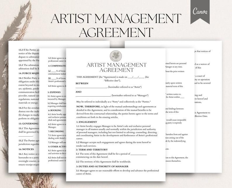 Acuerdo de gestión de artistas, contrato de agencia de talentos, acuerdo de administrador personal, acuerdo de administrador de banda, pdf Canva imagen 1