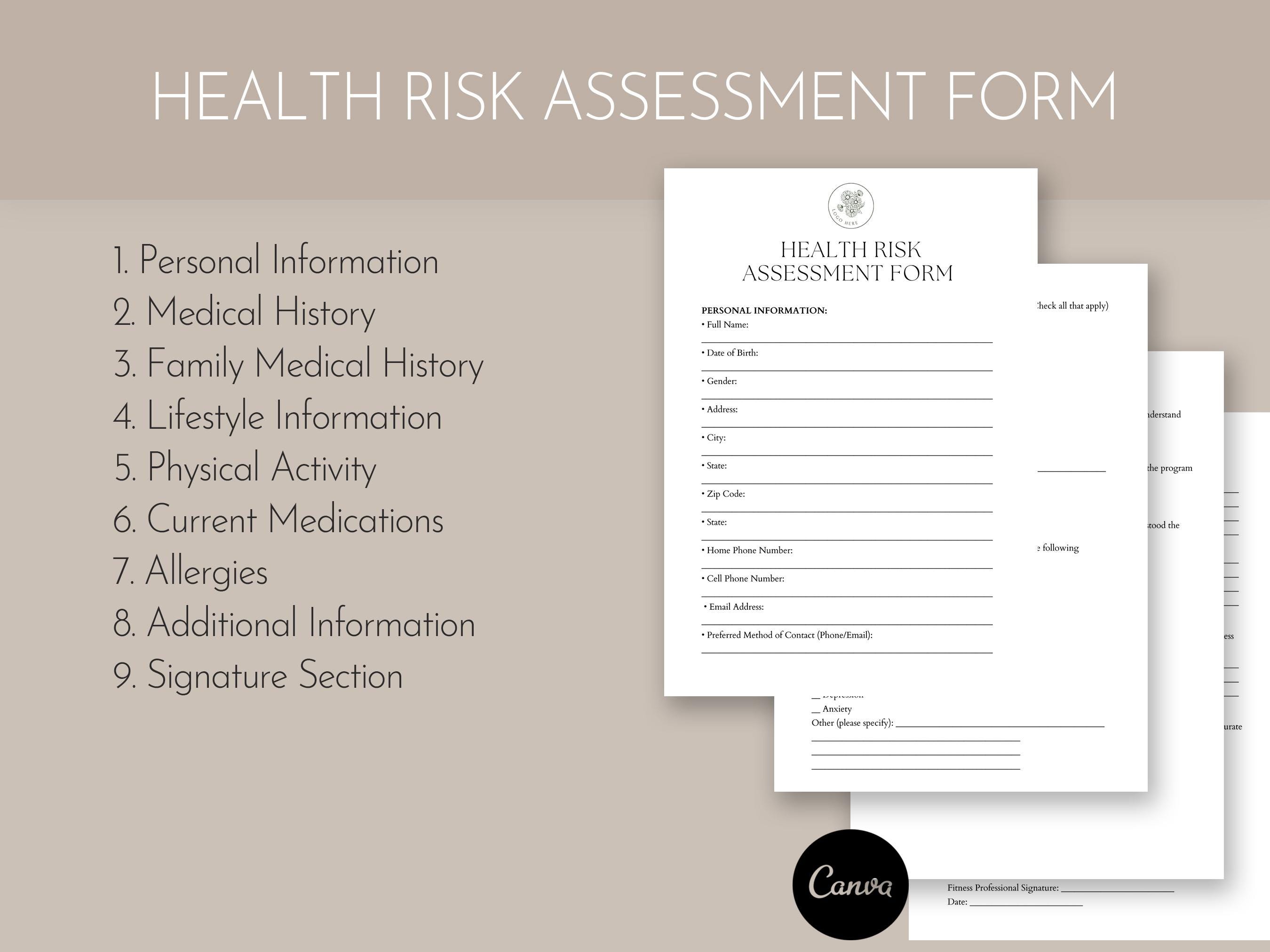 Health Risk Assessment Form Template, Pdf, Canva - Etsy